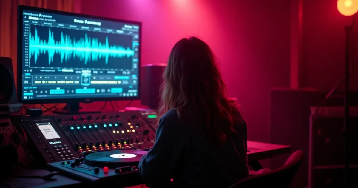 The Disco Magic studio - a screen with the waveform of the "Sedaya Noch" cover, synth parts and the vocal hook on the channels, a "Laskoviy Mai" 1988 vinyl beside for reference