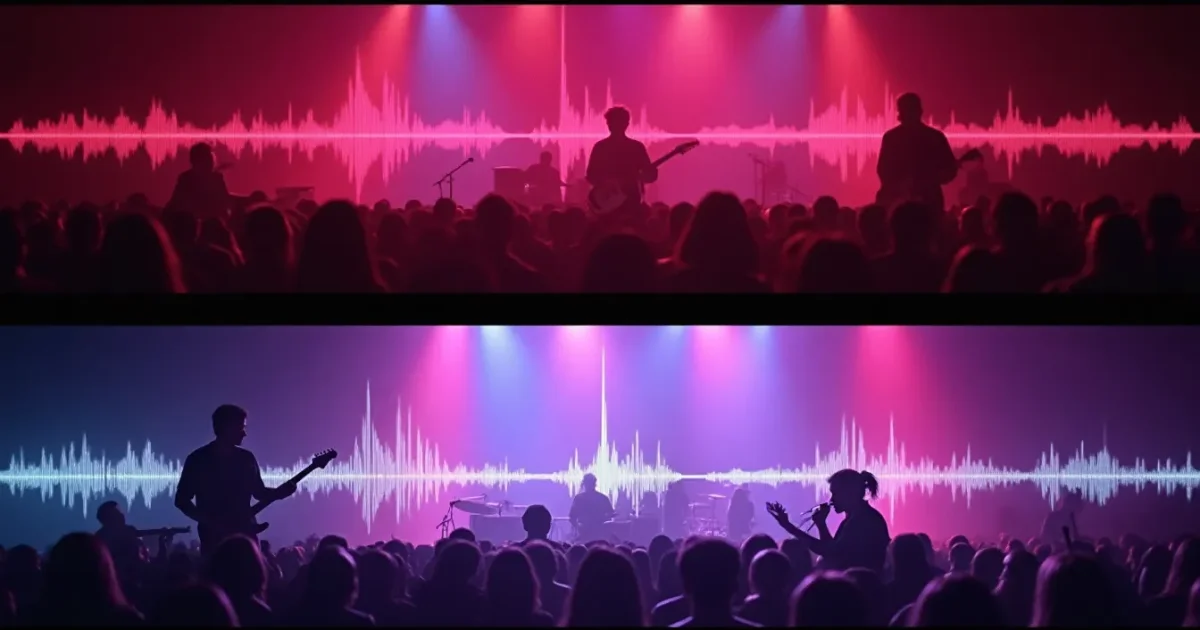 A comparison of two waveforms - on top the "Laskoviy Mai" original with "breathing" dynamics, below the Disco Magic cover with an even dance level and a long intro