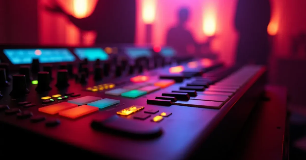 Roland TR-808 in close-up - rows of coloured buttons, tempo display knobs, analog controls; studio lighting from the 1980s