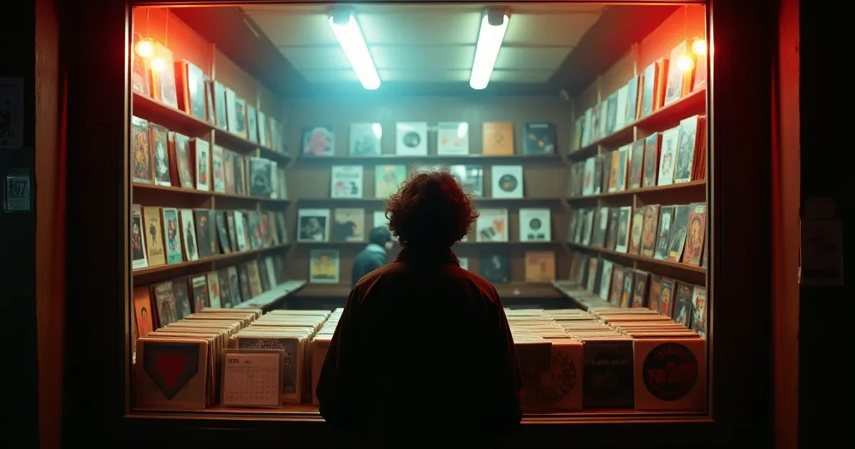 A record-shop window in 1977 Milan - shelves of Italian 7-inch singles, a young Severo Lombardoni behind the counter, a 1977 calendar on the wall