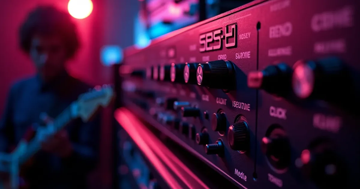 Front panel of a Simmons SDS-V module in close-up - Noise/Tone/Bend/Decay/Click knobs, XLR socket, Simmons badge; rack stand with several modules in a row
