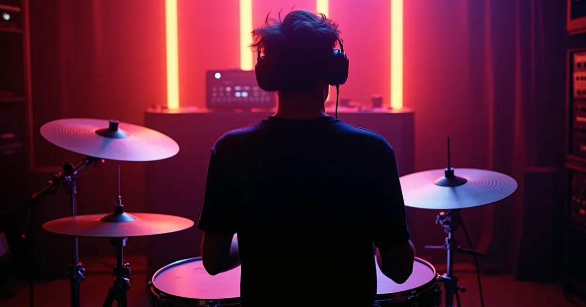 Drum kit with hexagonal Simmons pads on stands, drummer seen from behind in headphones, studio 1983; behind - rack "brain" and mixing console