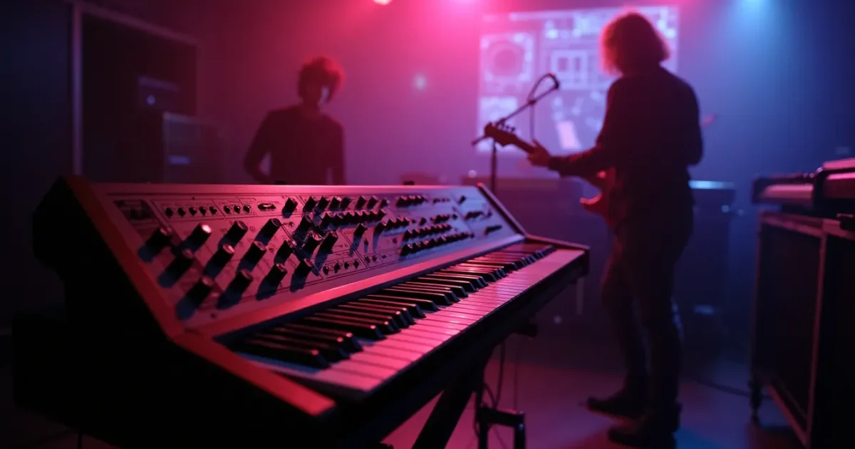 Prophet-5 и Jupiter-8 рядом на студийной стойке, 1982 - ручки и слайдеры крупным планом, патч-память на панели