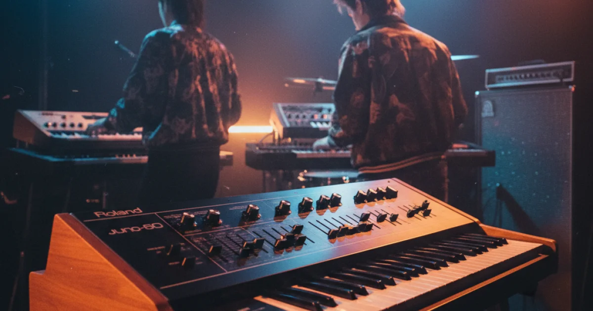 синтезатор Roland Juno-60 крупным планом, характерные деревянные боковины