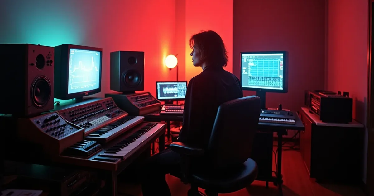 Studio in Düsseldorf, 1981 - Kraftwerk synthesisers (Korg MS-20, Roland), oscilloscope on the wall, minimalist interior