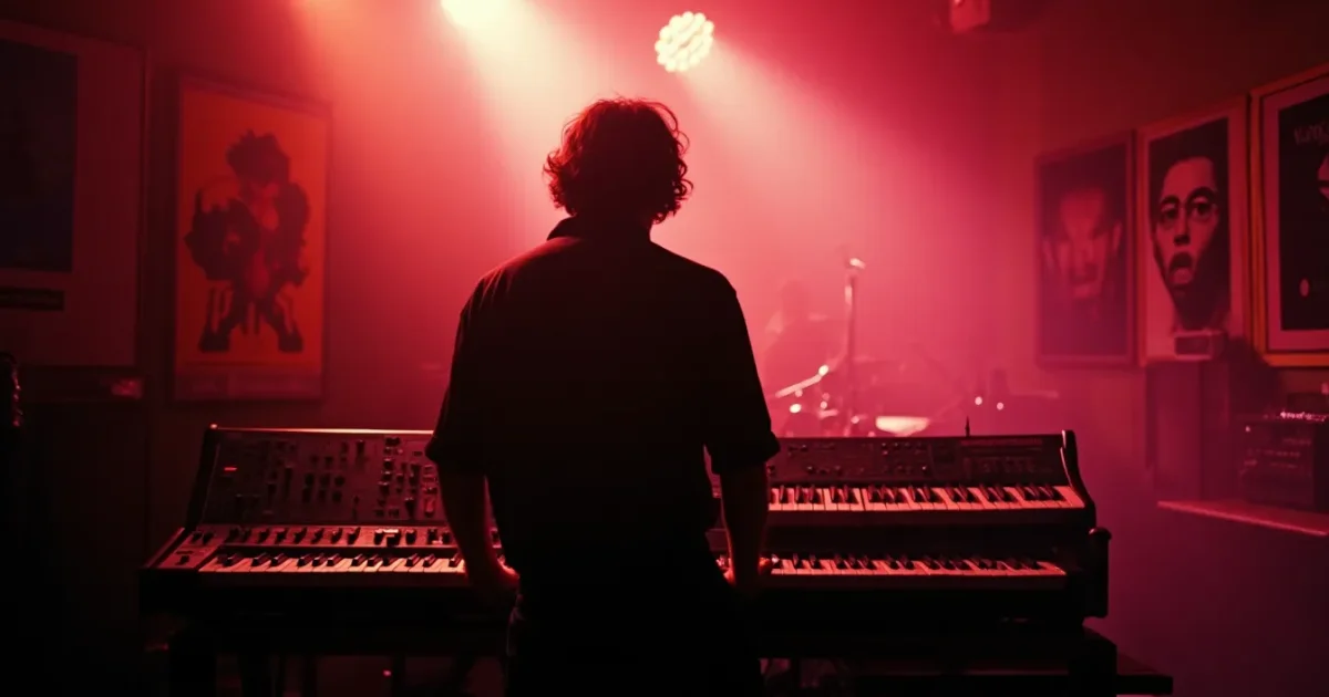 Силуэт клавишника за Roland Jupiter-8 в студии Mute Records, Лондон, 1981 - на стене постеры Depeche Mode и Yazoo