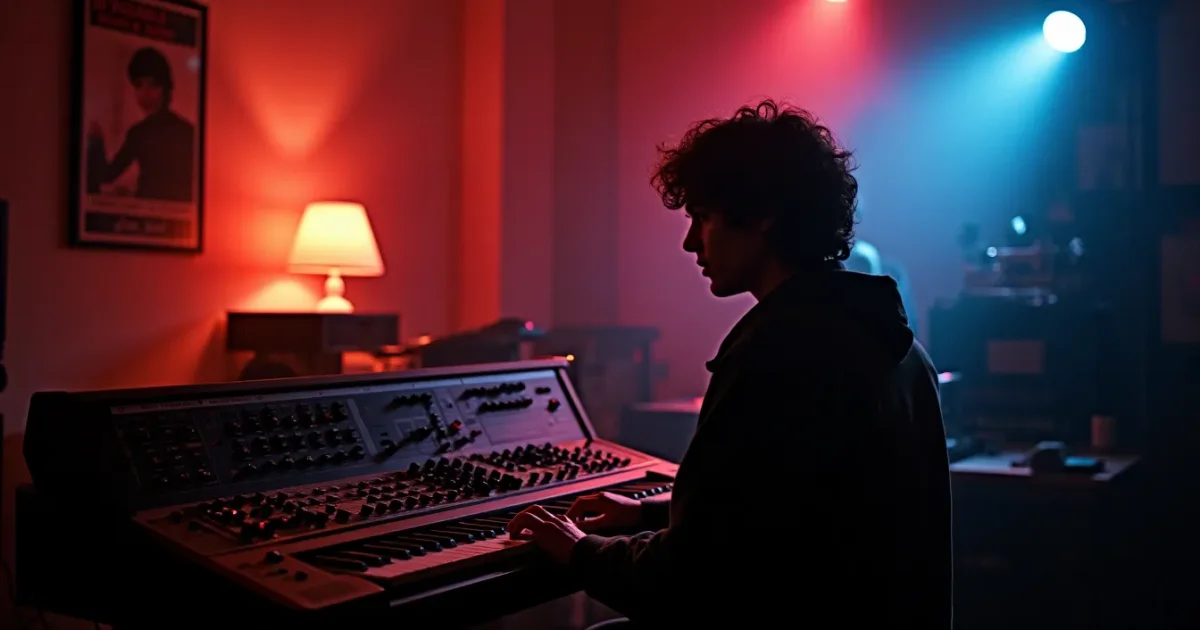 Монреальская студия 1982 года - силуэт клавишника за Sequential Prophet-5, на стене постер Rational Youth, аналоговый микшерный пульт
