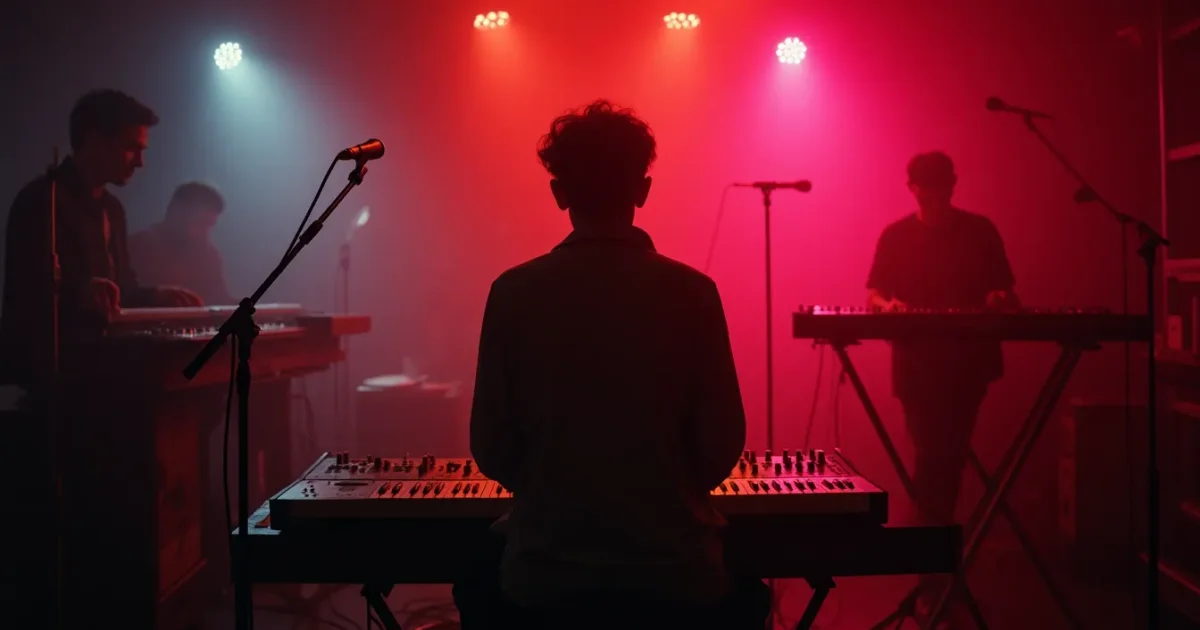 three minimal studio scenes showing a Moroder sequencer, a strict Numan microphone and an empty Foxx synth stand, joined by one timeline