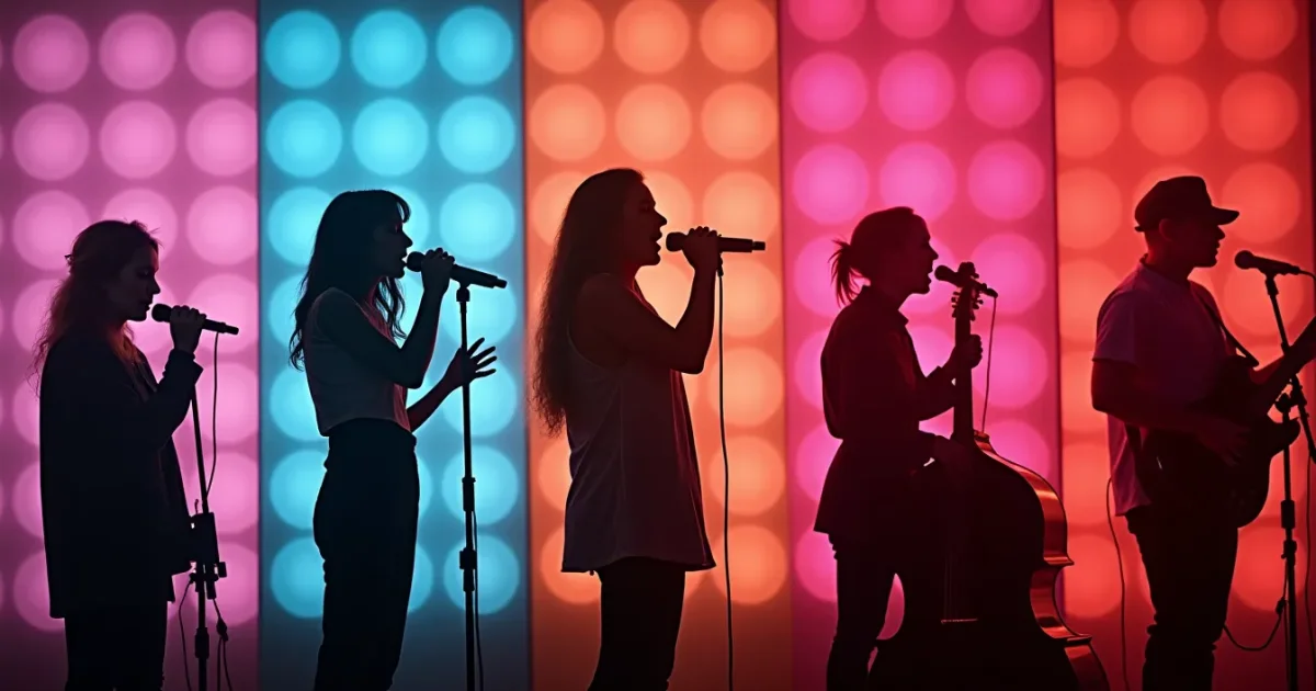 five separate vocal silhouettes before different electronic grids representing bright pop, narrative, spoken word, studio pop and club pop, with no labels or copied sleeves