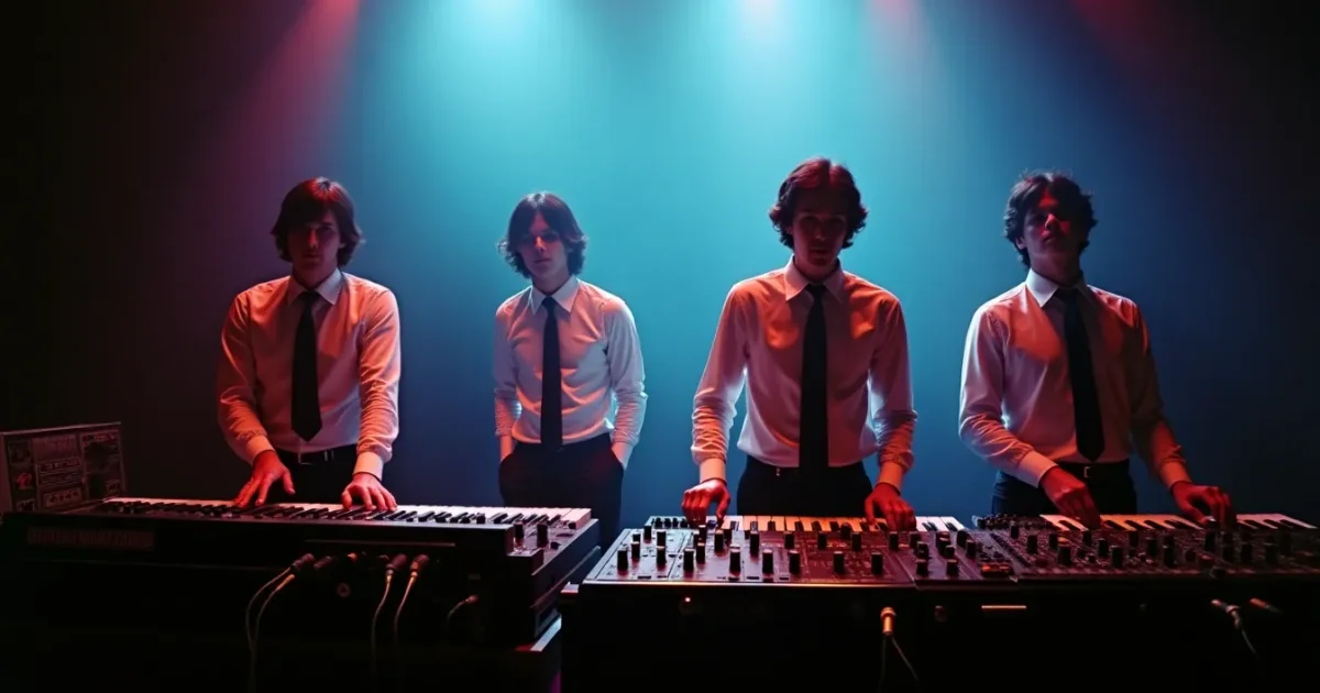 Kraftwerk в студии Kling Klang, Дюссельдорф, 1978 - четыре фигуры за синтезаторами, рубашки и галстуки, машинная эстетика