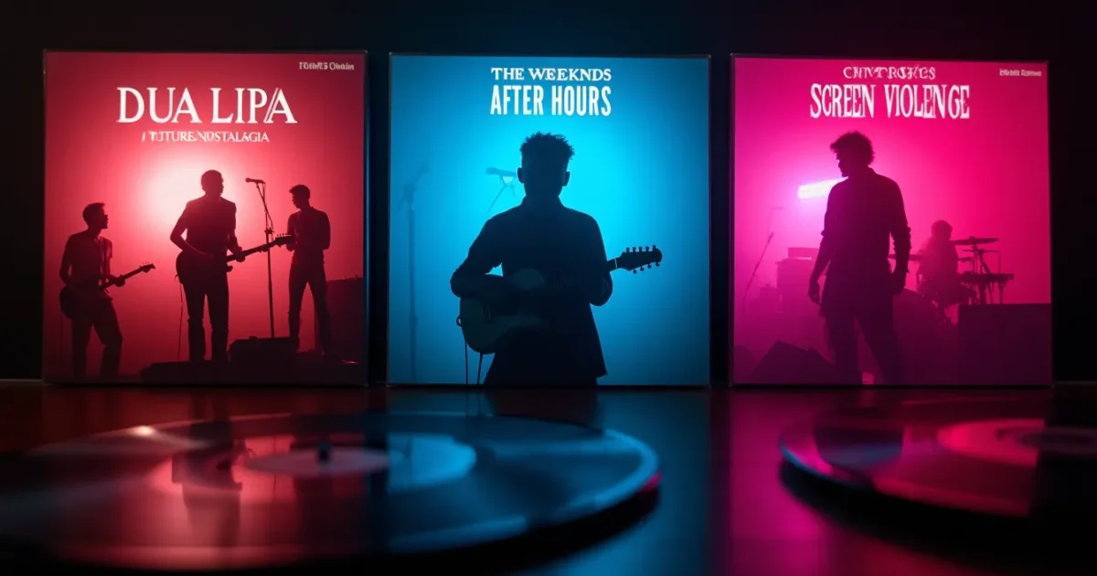 Обложки альбомов Dua Lipa «Future Nostalgia», The Weeknd «After Hours» и Chvrches «Screen Violence» на виниловых пластинках