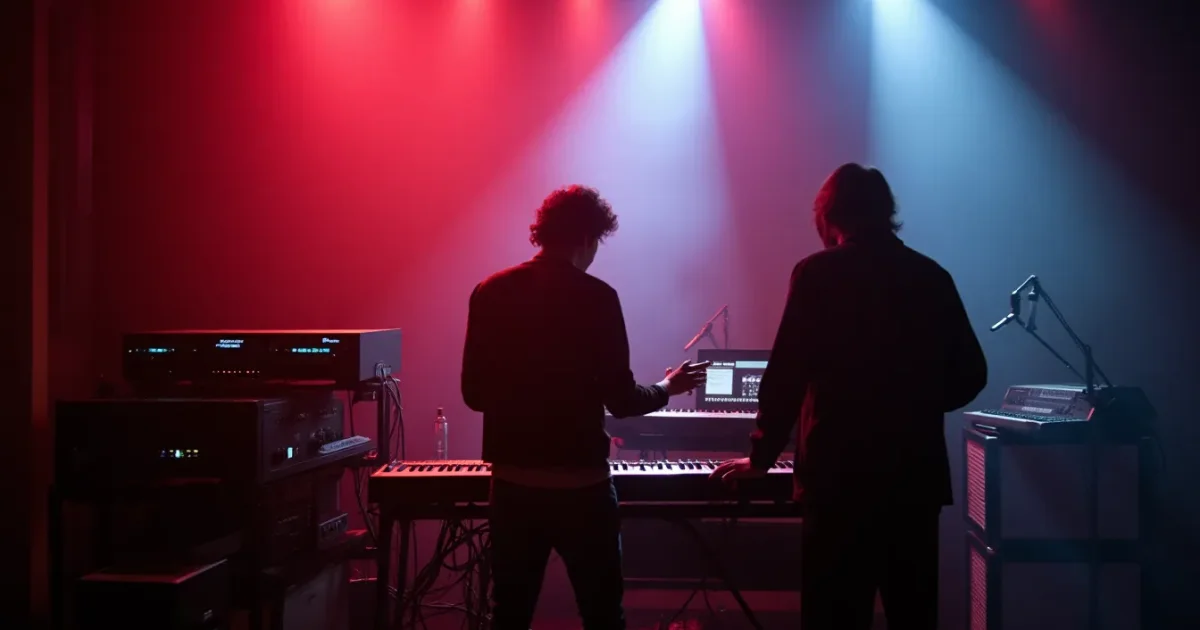 Ashcombe House Studios в Бате, Фэрлайт CMI и Kurzweil 250 на стойке, Питер Гэбриэл с Даниэлем Лануа