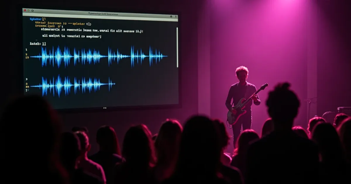 Terminal window running Spleeter: the command separate -p spleeter:4stems, a progress bar, below it four waveform files vocal drums bass other
