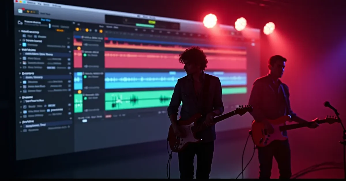 Logic Pro 11 screen: Stem Splitter window processing a track, on the timeline four coloured lanes - vocals (blue), drums (red), bass (green), guitar (orange), beside it the ChromaGlow panel