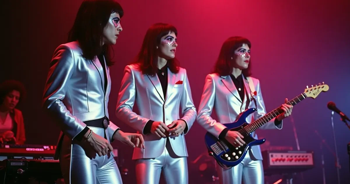 Rockets on stage in silver suits, 1977, futuristic makeup, synth stands in the background, coloured lighting