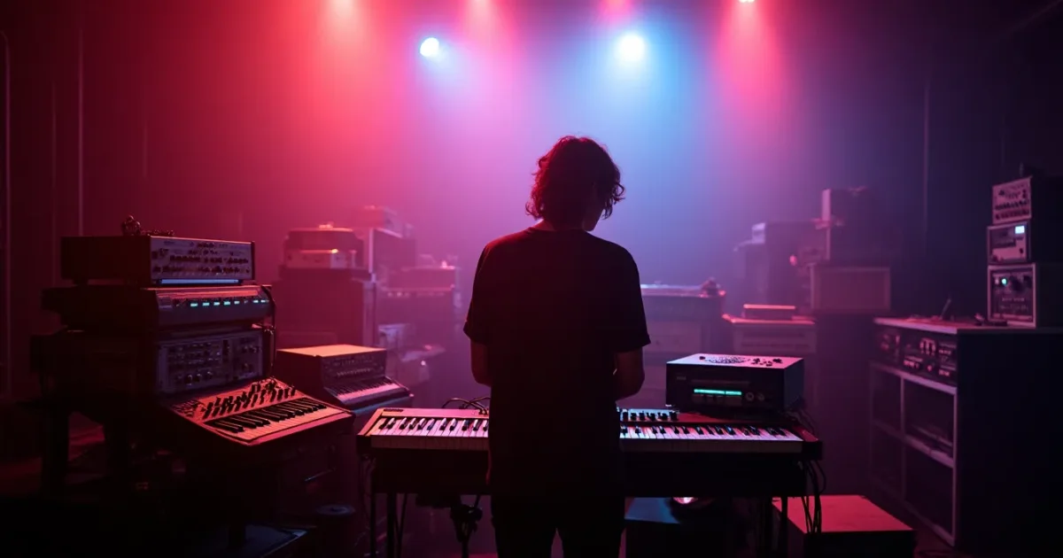 Dutch studio rack from the 1980s with analogue synthesisers - Roland Jupiter-8, drum machine, sequencer; cosmic lighting