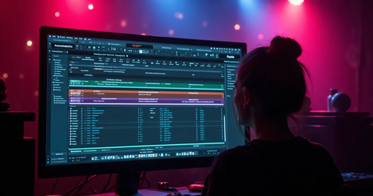 DAW screen with a spacesynth track - coloured MIDI lanes, synthesizer plugins, arpeggio on screen