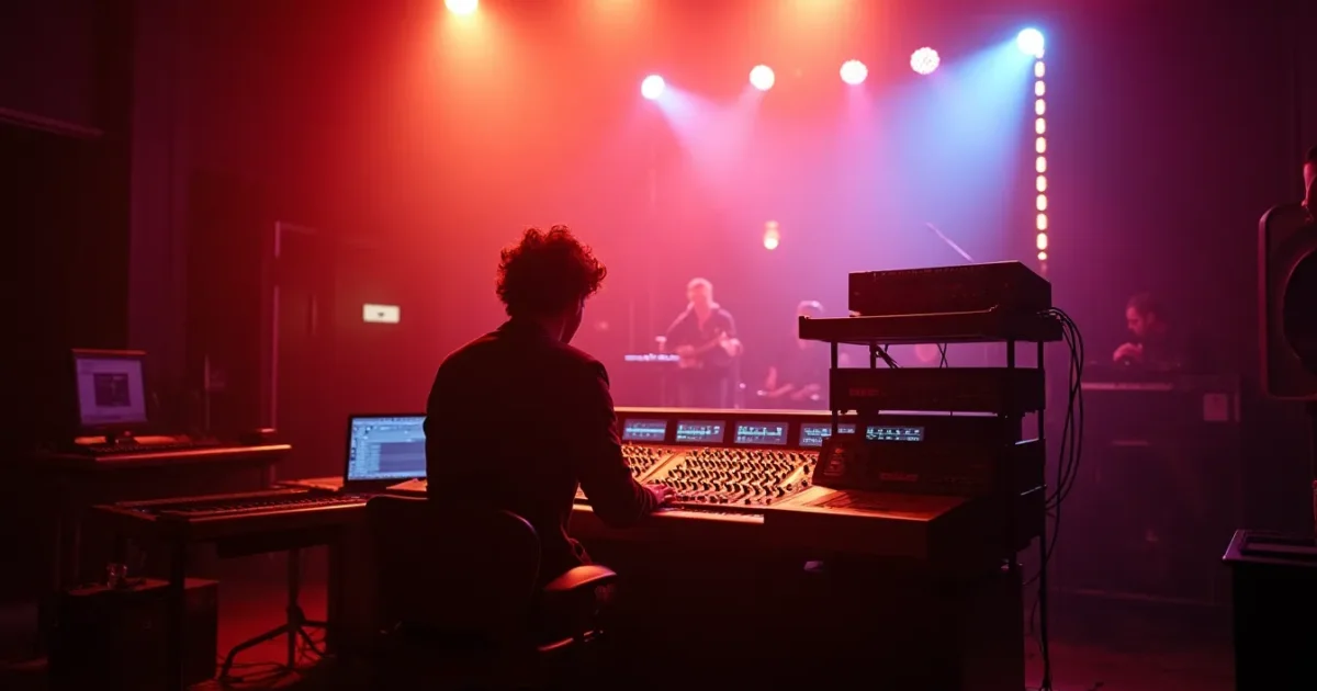 RG Jones Studios в Уимблдоне, пульт Soundcraft, DX7 и Juno-60 на стойке, Морten Харкет за микрофоном