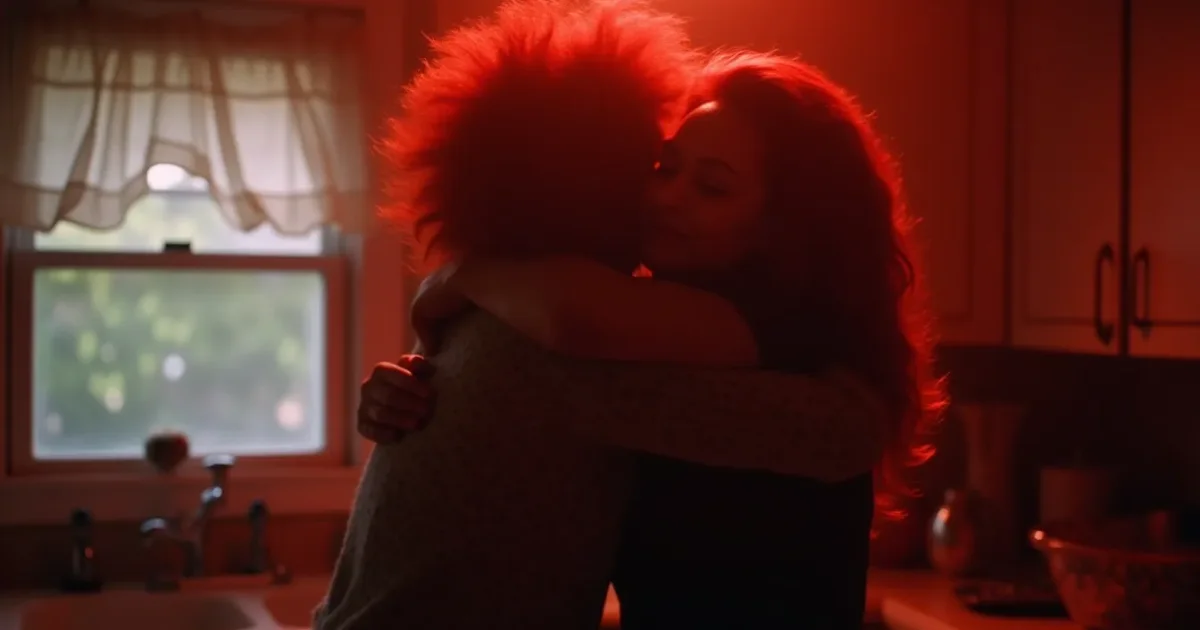 still from the 1984 video - Cyndi Lauper embracing her mother Catrine in the kitchen before departure, both women's red hair in rim light