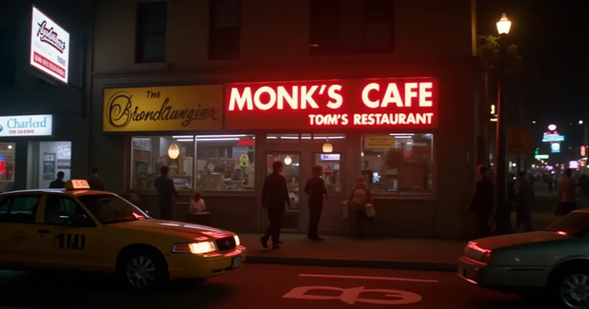 still from Seinfeld 1994 - the Tom's Restaurant facade captioned “Monk's Cafe”, a yellow cab, Broadway in the foreground