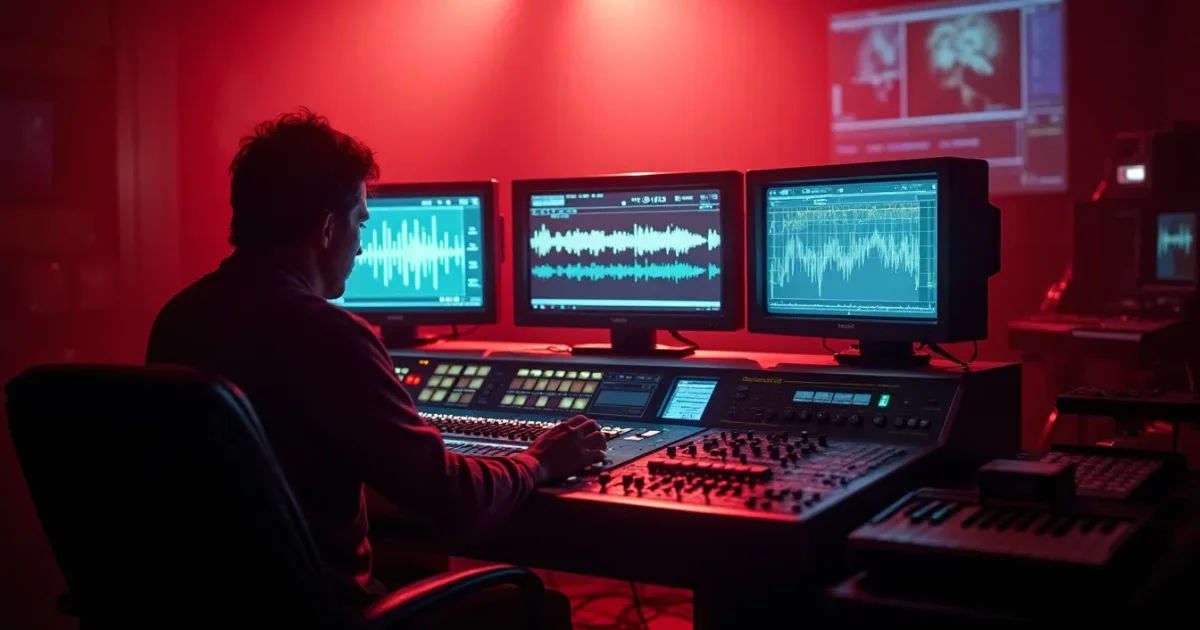 mixing console in a German studio in 1985, the track waveform for "Touch in the Night" on the monitors, Roland synthesizer keyboard in the background
