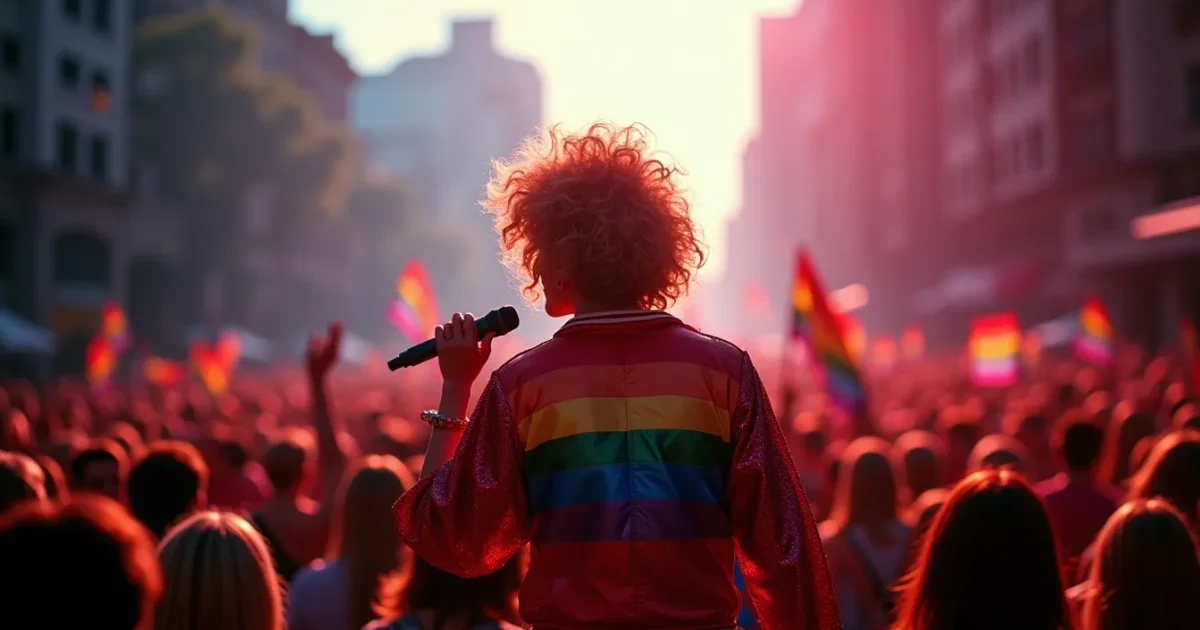 Cyndi Lauper at the Gay Freedom Day Parade, San Francisco, 26 June 1987 - rainbow jacket, mic, 500,000 people with flags in front of her