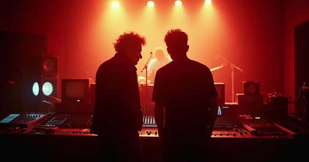 Bernard Sumner and Stephen Hague in the Studio Guillaume Tell control room, Paris, May 1987