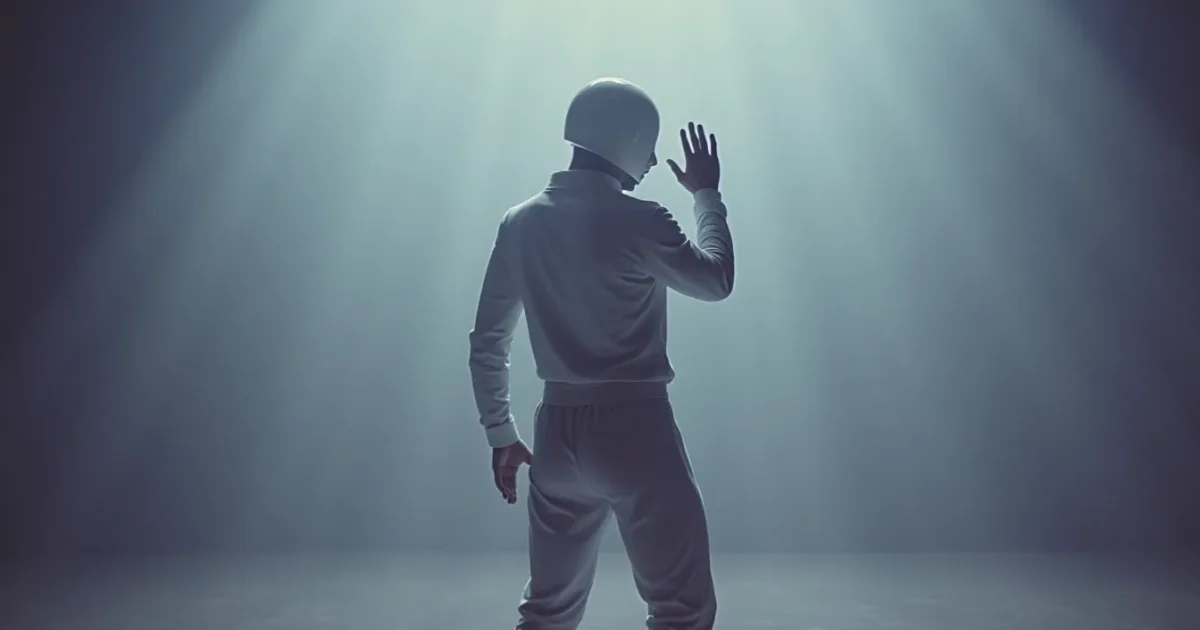 still from the Philippe Decouflé “True Faith” video - a dancer in a white helmet costume on a blank grey backdrop, slapping his own face