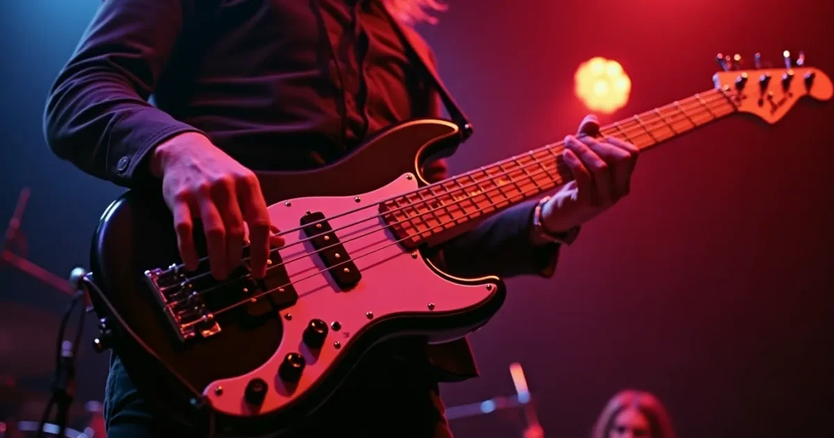 John Deacon with his Fender Precision Bass at Mountain Studios - close-up on fingers at the fretboard