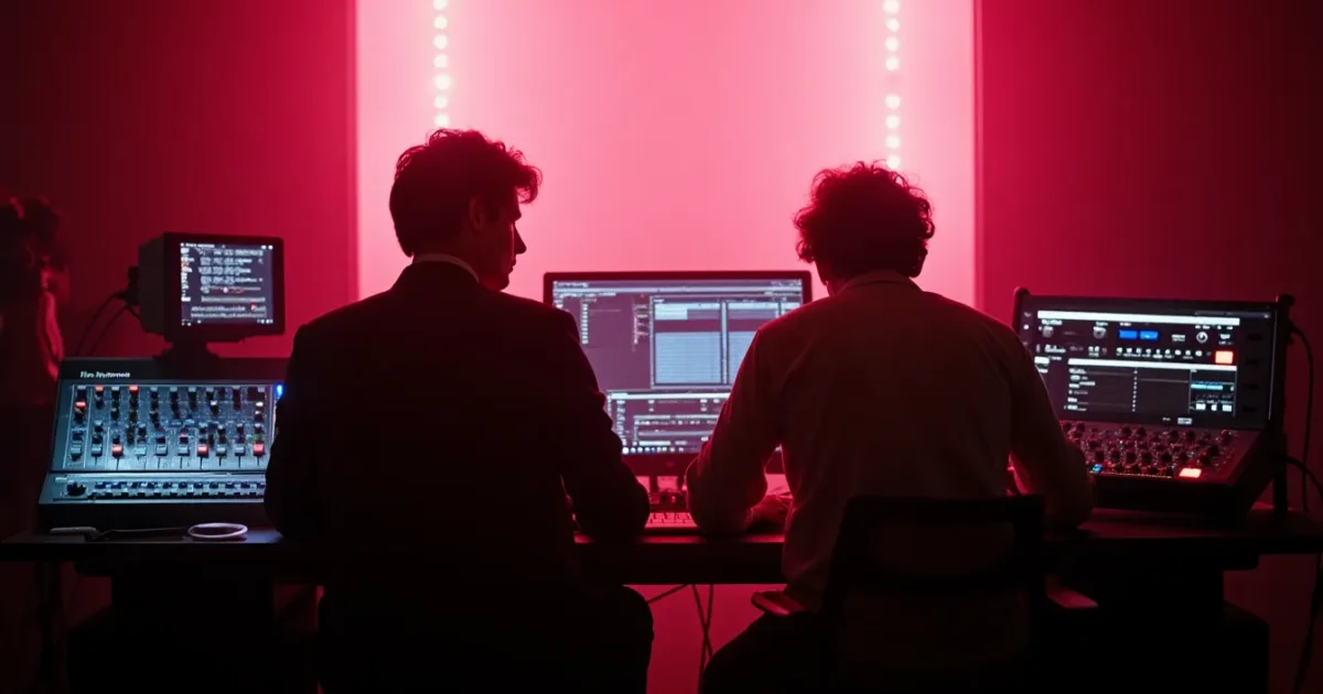 Sarm East Studios Whitechapel, Trevor Horn and Geoffrey Downes at the desk, Jupiter-4 and CR-78 on a rack