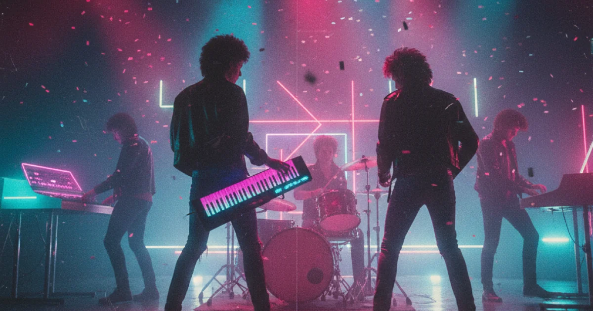 кадр из фильма «Драйв» 2011 года или афиша с характерной неоновой эстетикой synthwave