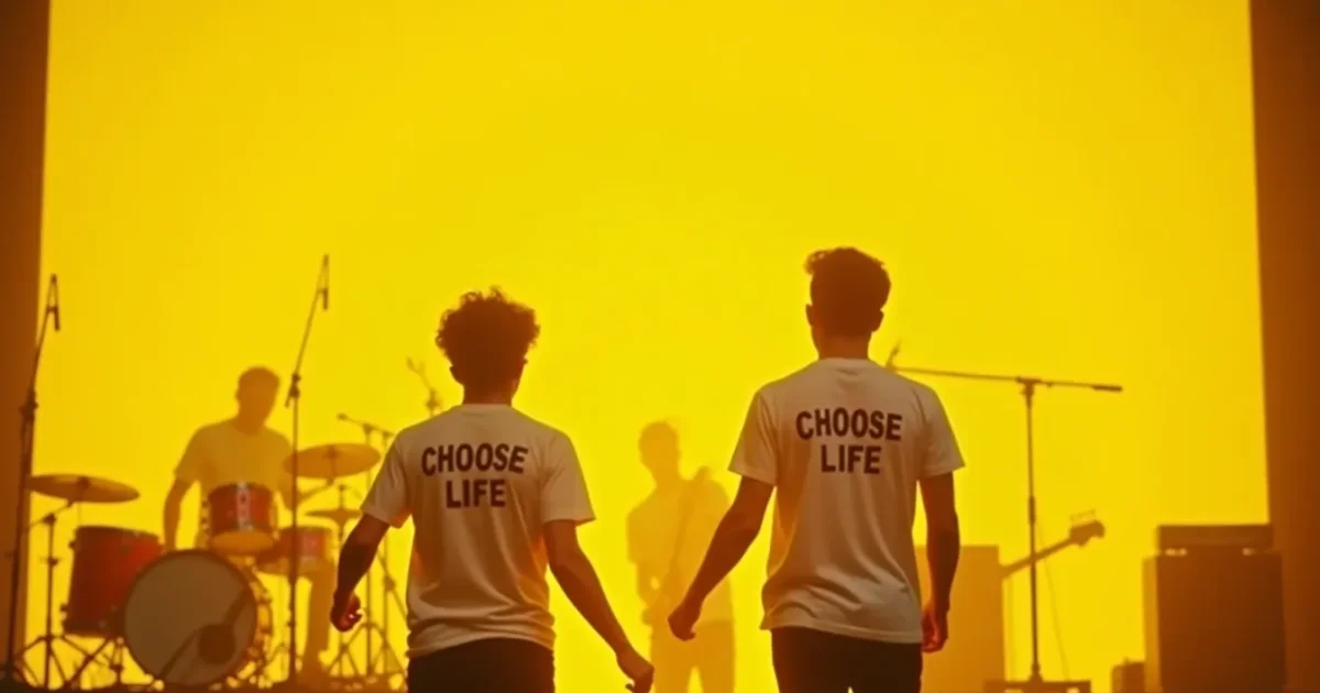 still from the 1984 video - George Michael and Andrew Ridgeley dancing in white “CHOOSE LIFE” T-shirts against a bright yellow background