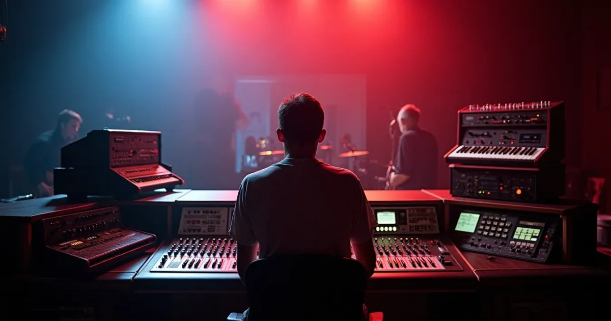 Advision Studios London, Stephen Hague at the SSL console, Emulator II and Jupiter-8 on a rack