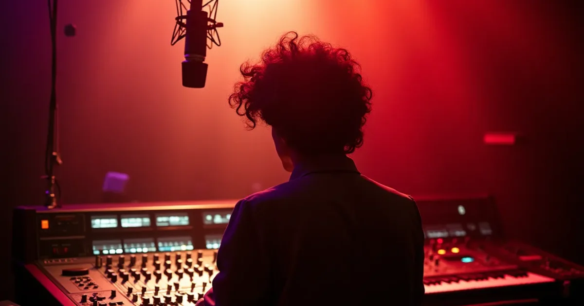 Prince at Sunset Sound Studios, 1984 - at a Trident A console, a Neumann U67 mic above him