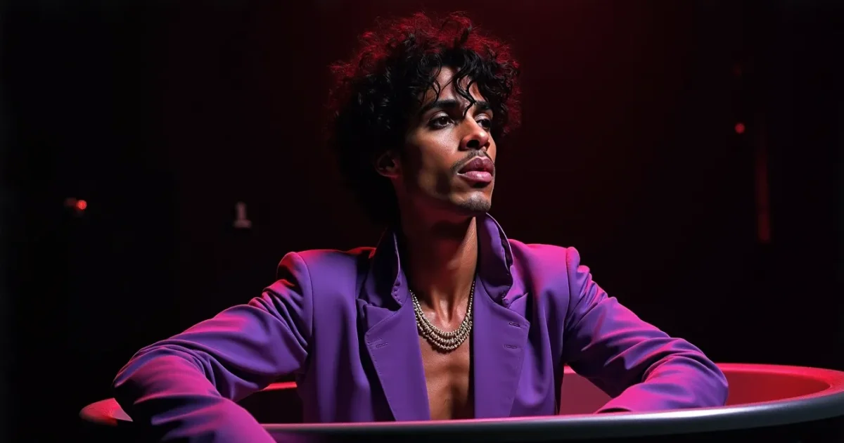the 1984 “When Doves Cry” 7-inch sleeve - Prince in a bathtub in a purple outfit, black background, gold type