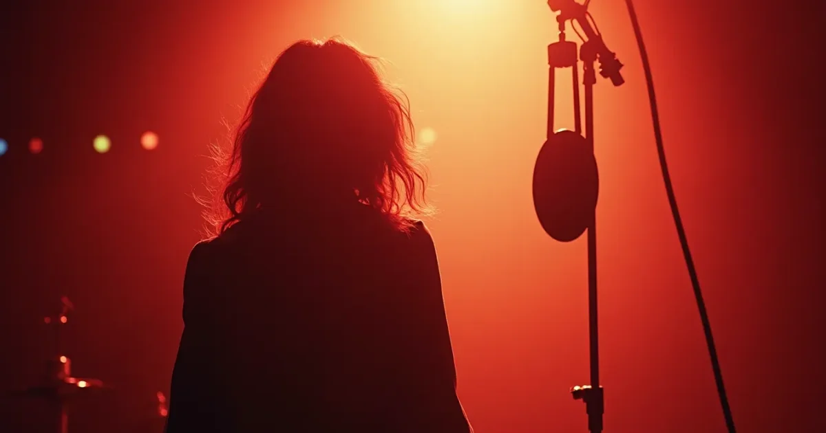 Kate Bush with a large hanging microphone at AIR Studios 1977
