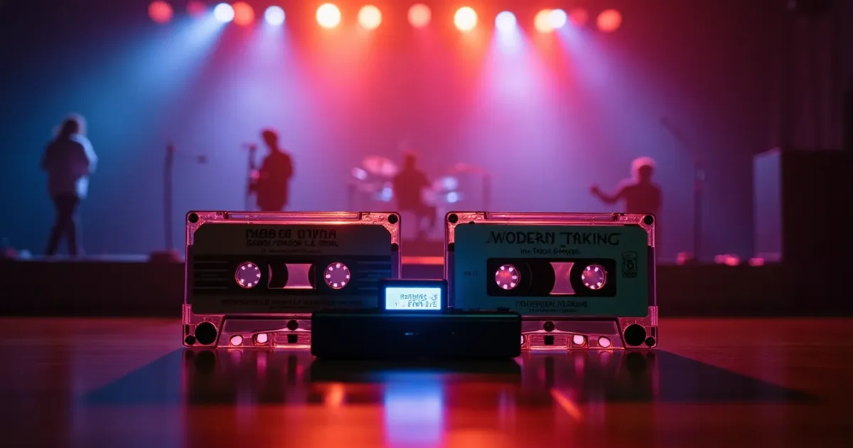 Two 1980s cassettes side by side: one labelled Mirage Stars Await Us, the other Modern Talking The First Album, an Elektronika cassette player between them