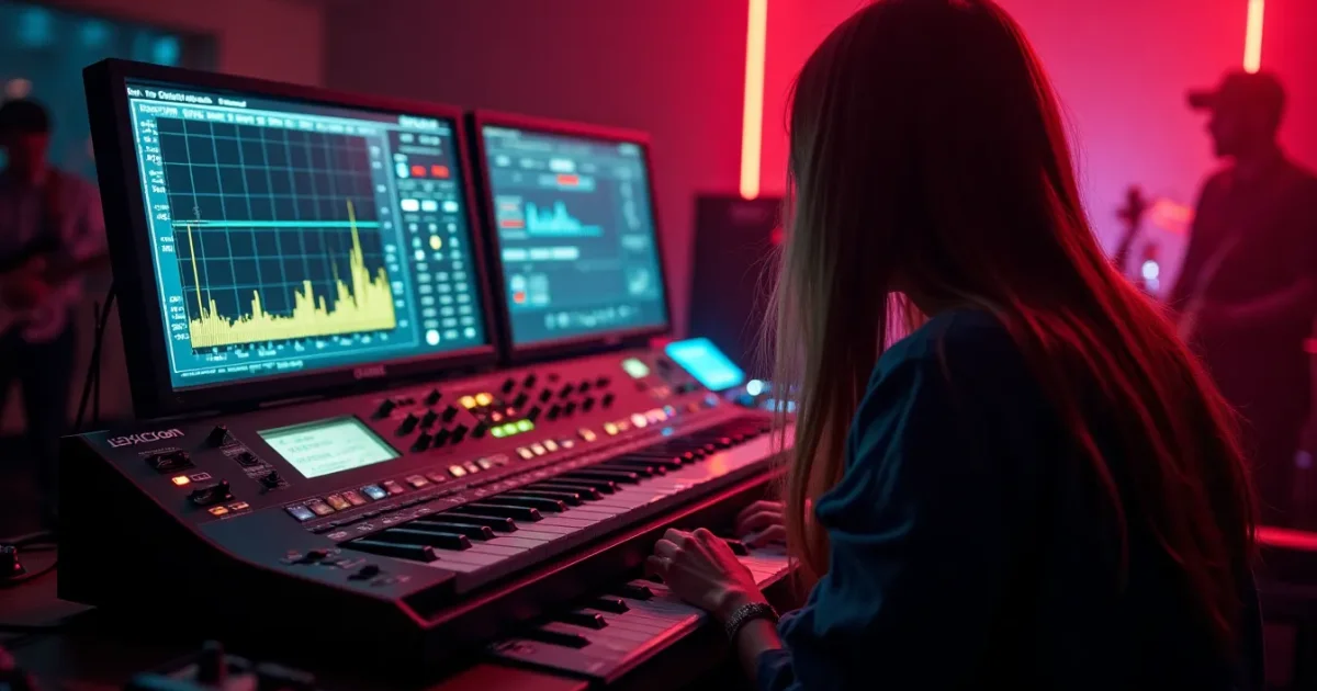 A studio mixing console in close-up - faders for the kick/snare/clap/hat channels, a frequency analysis of the TR-808 clap on screen, a vintage Lexicon reverb beside