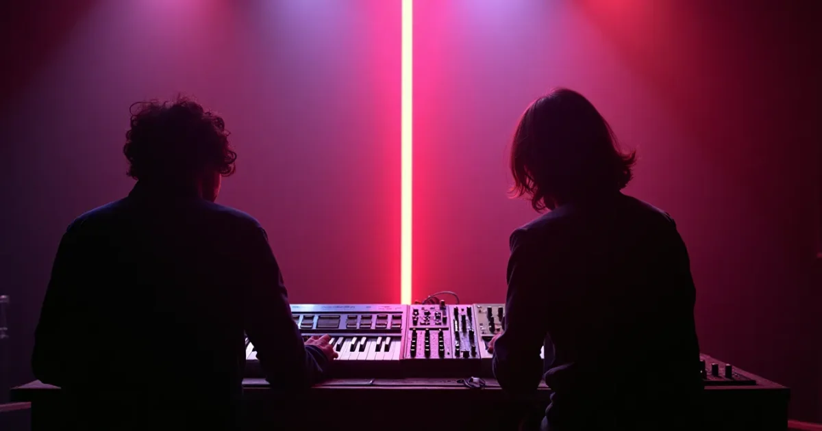 Two drum machines on a mixer - left: TR-808, right: Linn LM-1, divided by a neon line, 1982