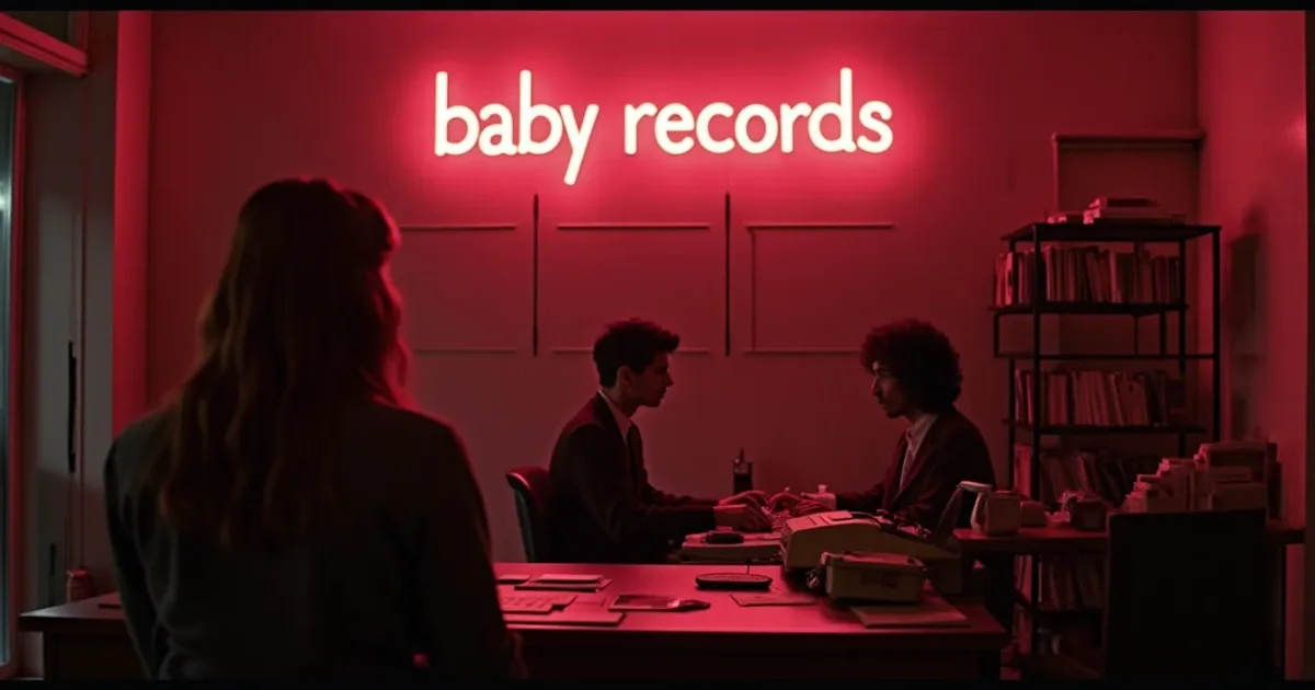 Офис Baby Records в Милане, 1979 год, стеллажи с винилом, логотип Baby Records на стене, пишущая машинка на столе