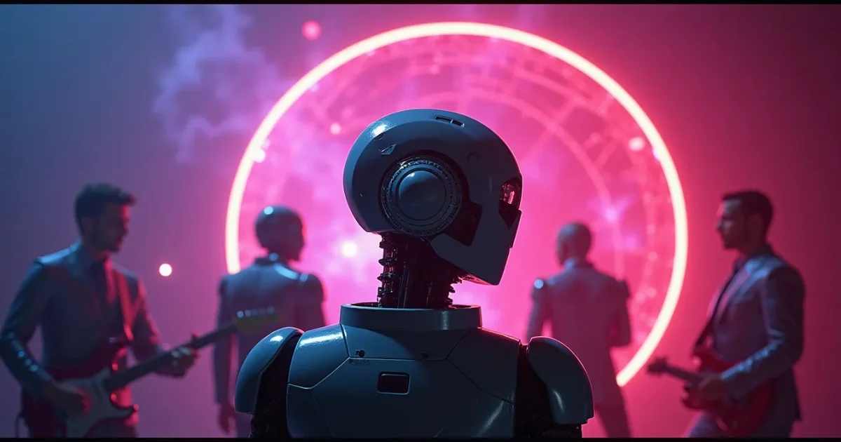 Retro-futuristic robot artwork for Cyber People single, neon space backdrop and synthesizer shapes
