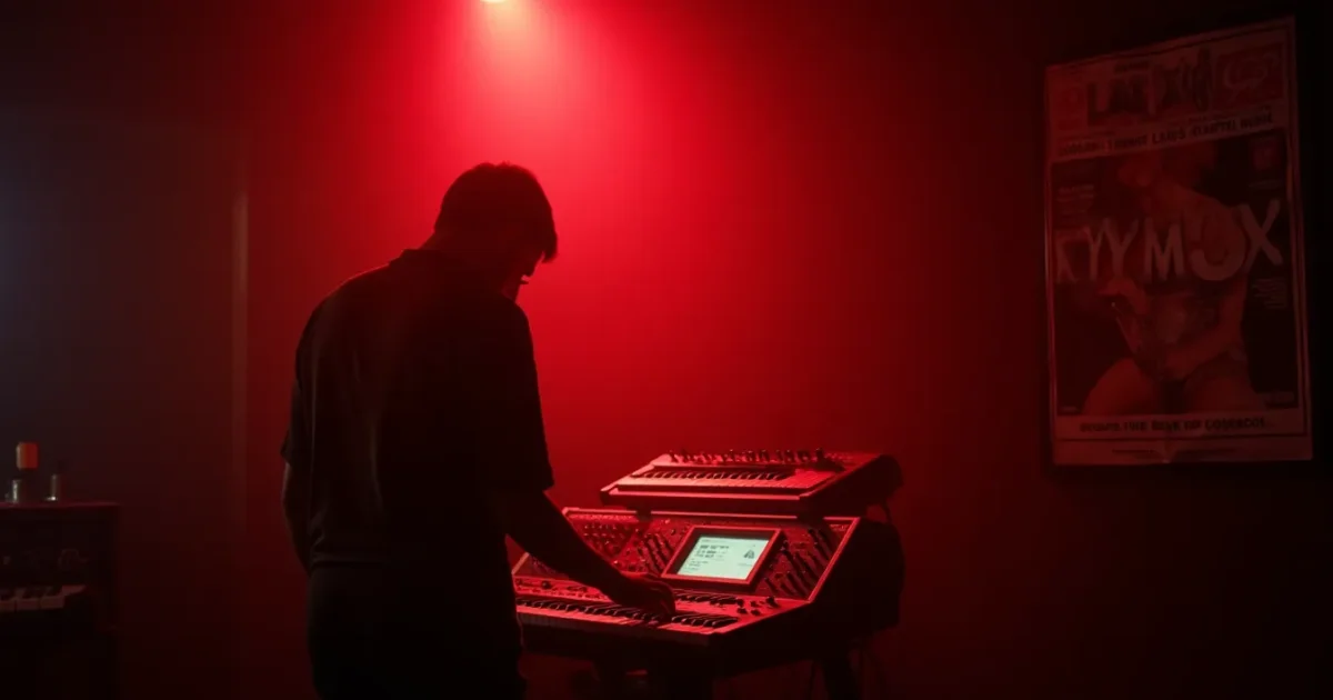 Тёмная студия с красным прожектором, силуэт за Prophet-5, плакат Clan of Xymox на стене, 1985 год
