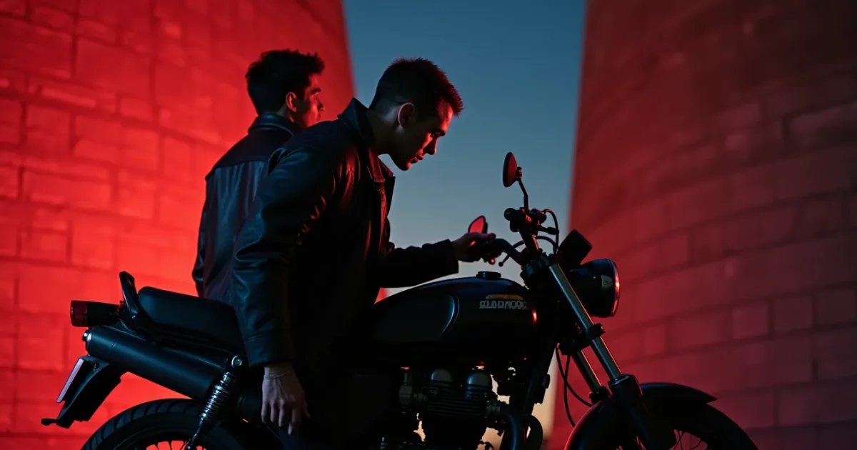 Bogdan Titomir in 1991 - short haircut, leather jacket, a motorcycle against the brick wall of the "Trekhgornaya Manufaktura" power plant; night shoot, silhouette of the singer in three-quarter