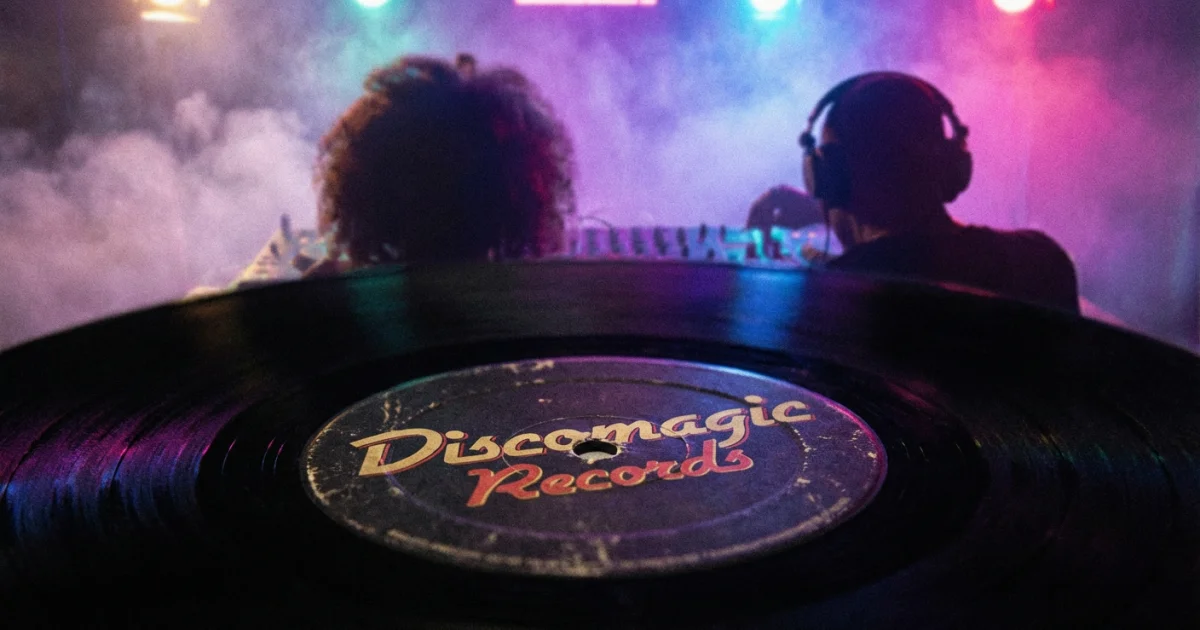 Старый логотип Discomagic Records на виниловой пластинке, крупный план