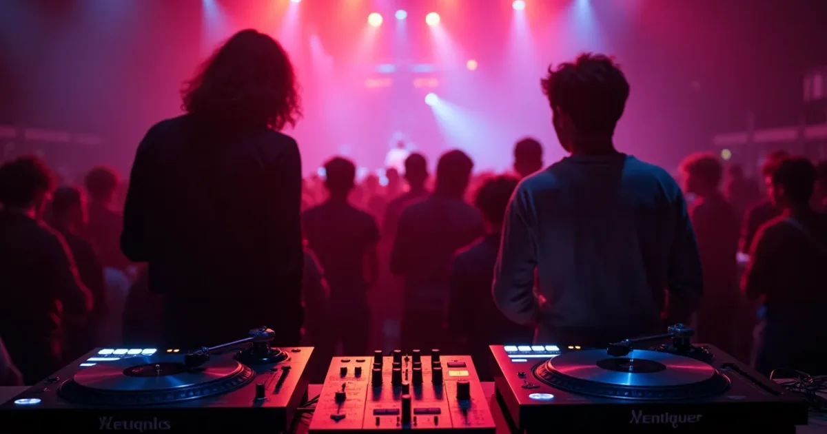 Two DJ booths side by side - on the left Technics SL-1200 turntables with a crate of 80s vinyl (Savage, Ryan Paris covers), on the right a Pioneer CDJ-500 with 90s CDs (Snap!, 2 Unlimited), a