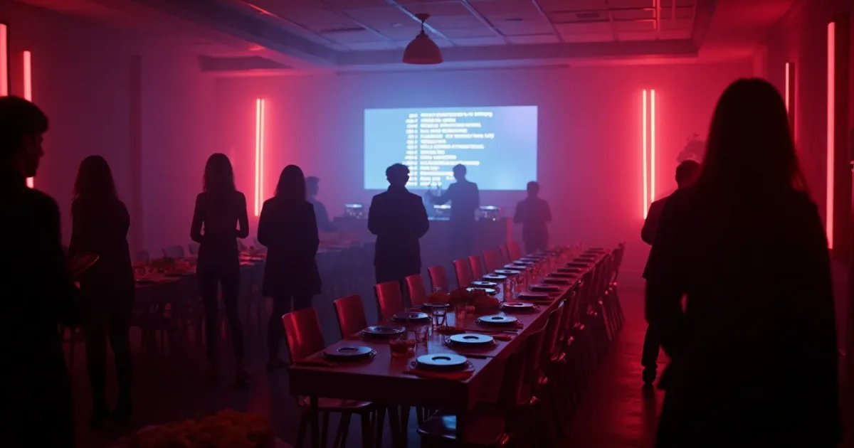 A corporate party hall in 90s style - long tables with food, in the corner a DJ booth with two CD players and a mixer, a screen behind the booth showing a tracklist, silhouette of a DJ in