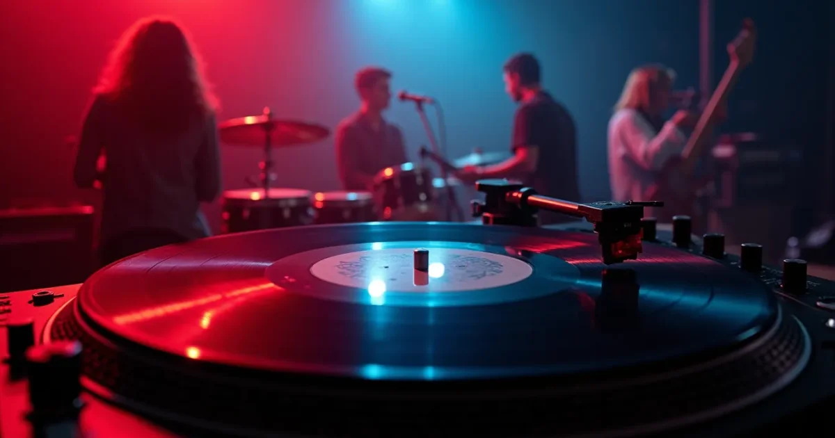 Doctor's Cat 'Feel the Drive' vinyl on a turntable, Italy, 1983 - neon light and a mixer