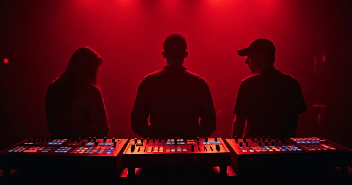 Три драм-машины в ряд на студийной стойке - Roland TR-808, Linn LM-1, Oberheim DMX - тёмный фон, красные индикаторы
