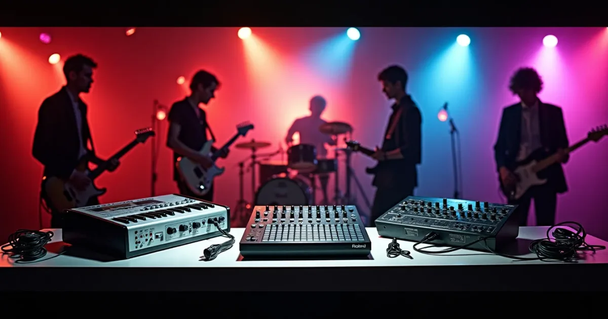 Museum display of Roland TR-77, TR-808, TR-909 and CR-78 - black and silver machines, MIDI cables