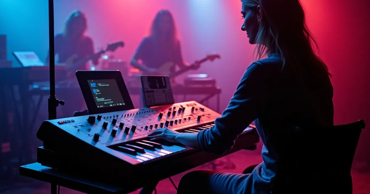 Ensoniq Mirage DSK-8 with 61 keys, two-character display and floppy disks on a studio stand